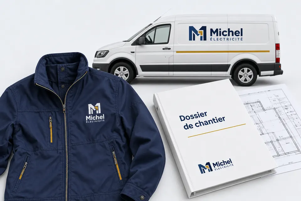 Veste de travail, camionnette et dossier de chantier aux couleurs de Michel Électricité