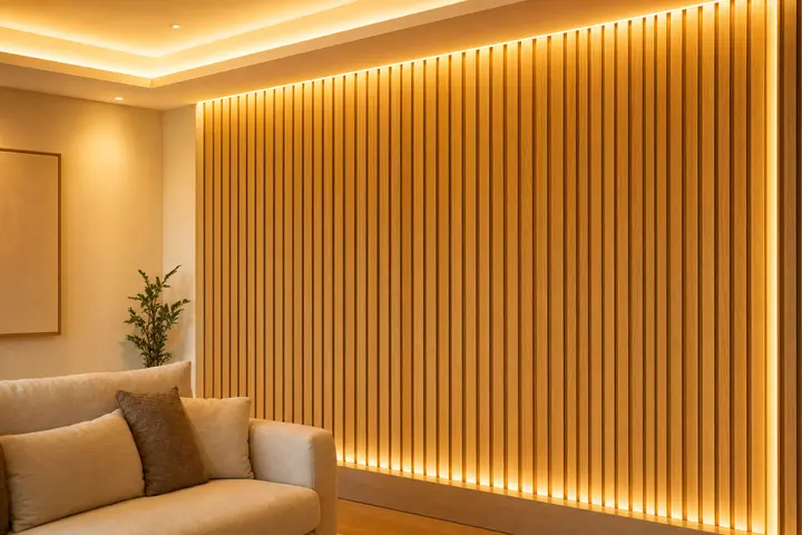 Mur à tasseaux de chêne avec ruban LED intégré dans un séjour rénové